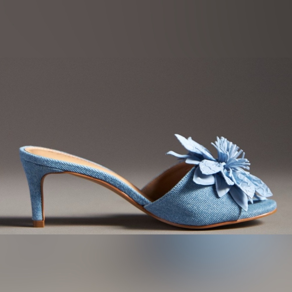By Anthropologie 3D Floral Kitten Heels, Denim Blue, Sz 36 EU/ 6-6 1/2 US